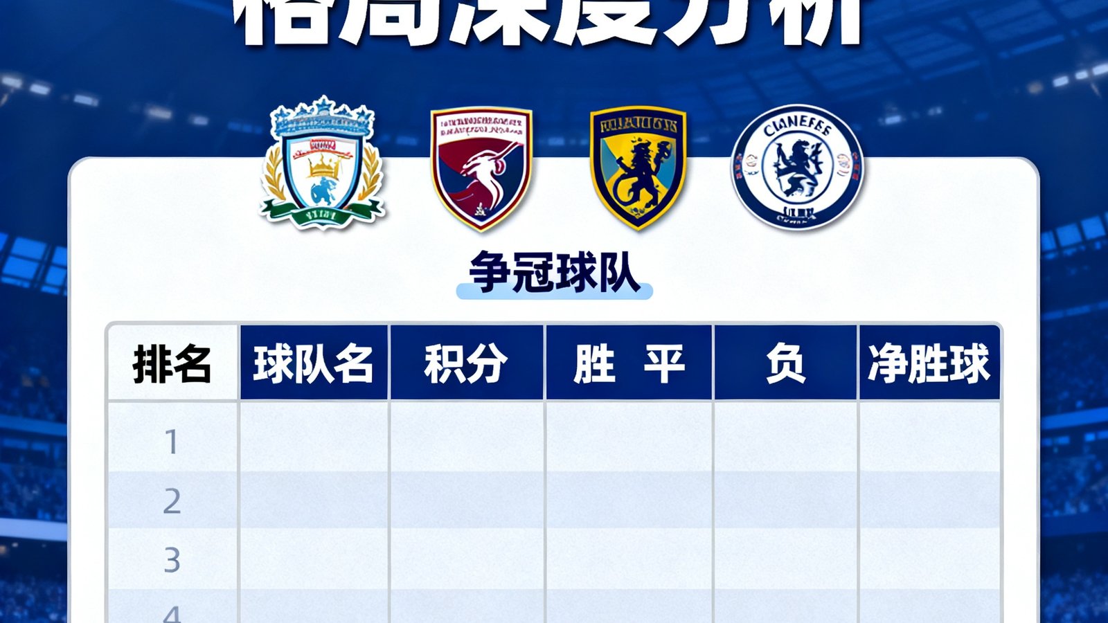 英超联赛积分榜格局深度分析文章配图，四支争冠球队队徽排列在积分表上方